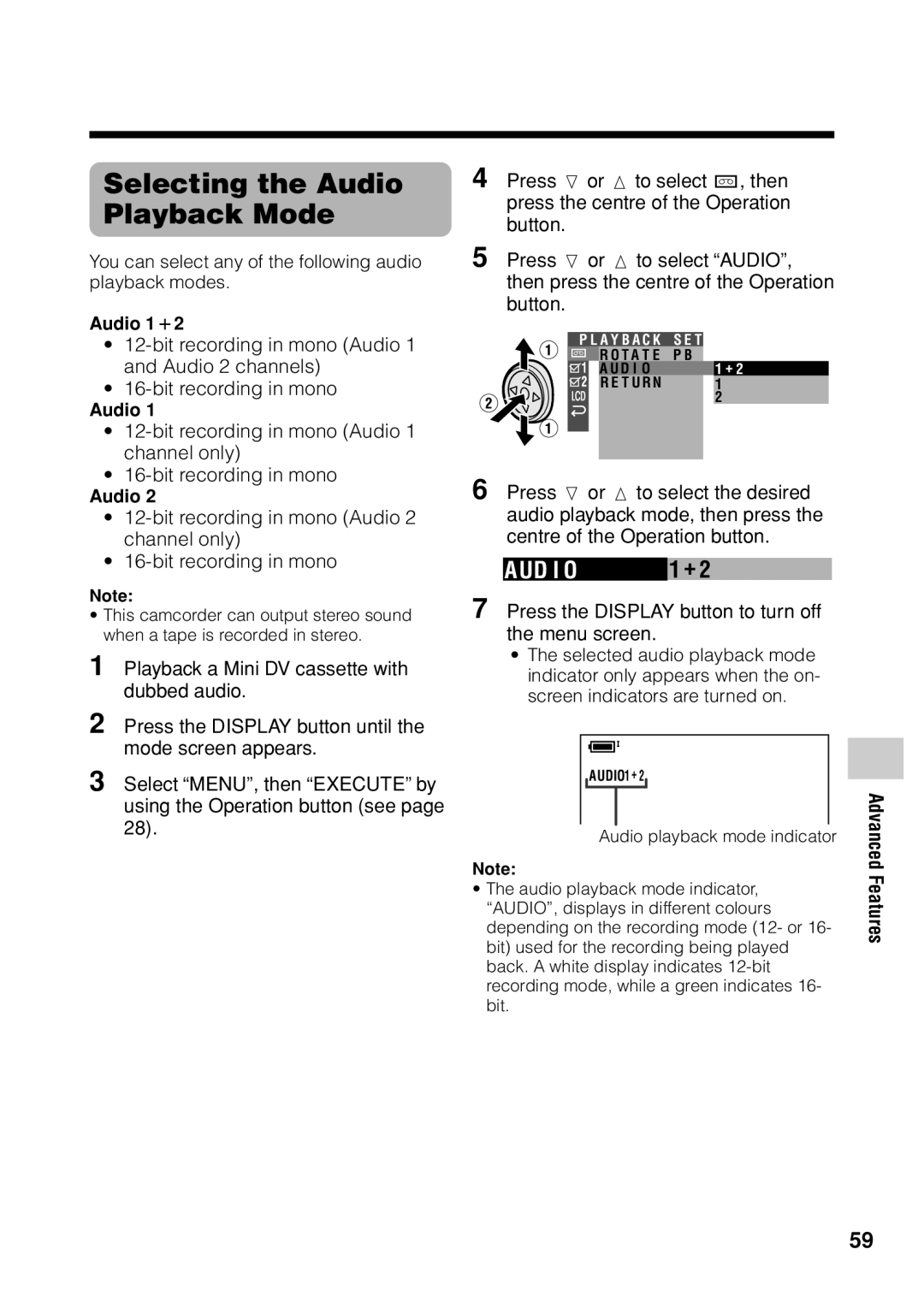 Sharp VL Z 1 H Selecting the Audio Playback Mode, Aud I O, Bit recording in mono Audio 1 and Audio 2 channels 