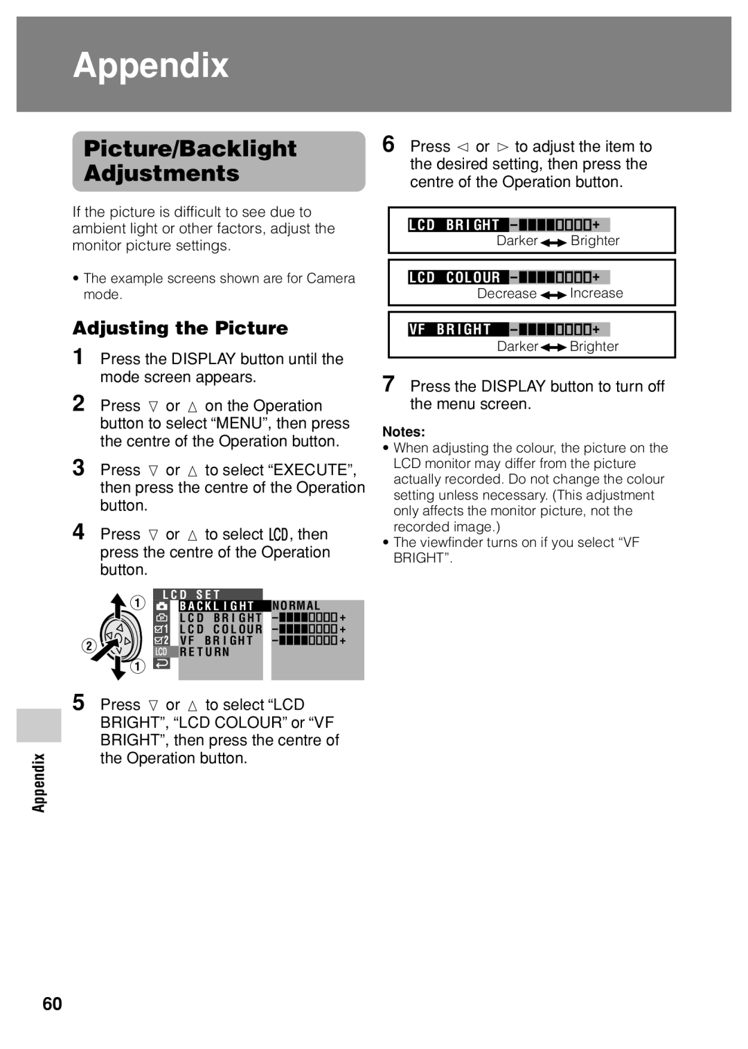 Sharp VL Z 1 H operation manual Picture/Backlight Adjustments, Adjusting the Picture 