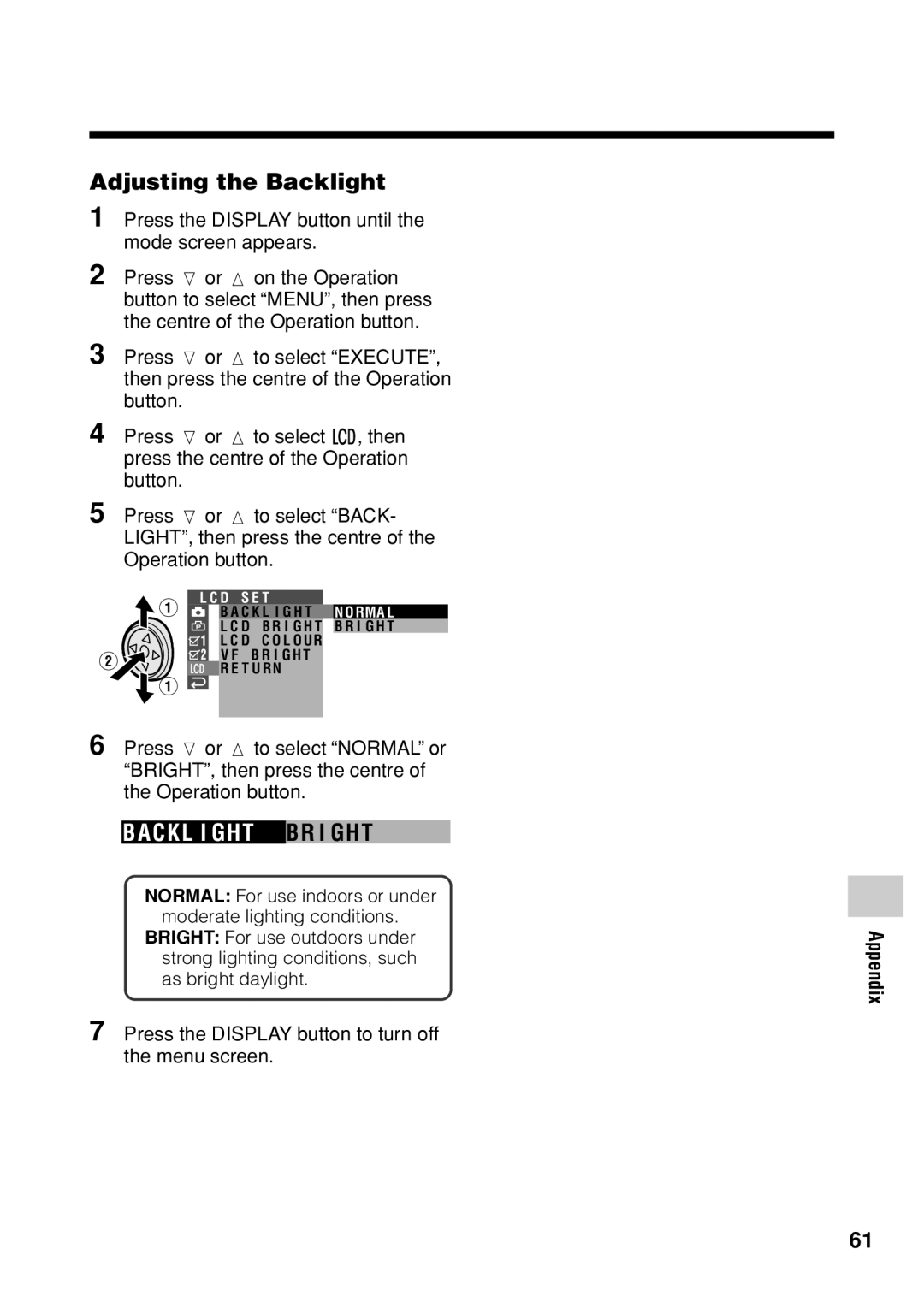 Sharp VL Z 1 H operation manual Adjusting the Backlight, Ac K L I Ght Br I Gh T 