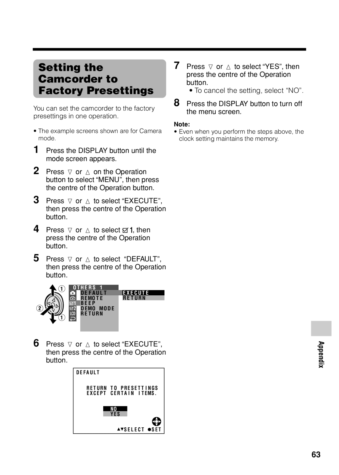 Sharp VL Z 1 H operation manual Setting the Camcorder to Factory Presettings 