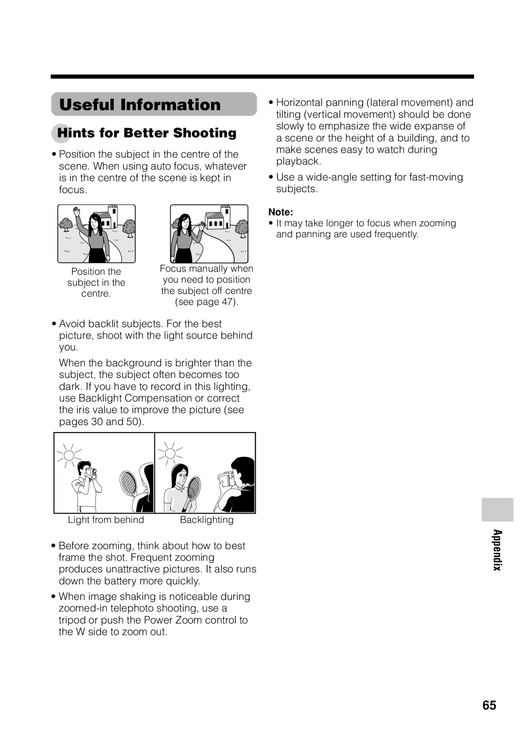 Sharp VL Z 1 H operation manual Useful Information, Hints for Better Shooting 