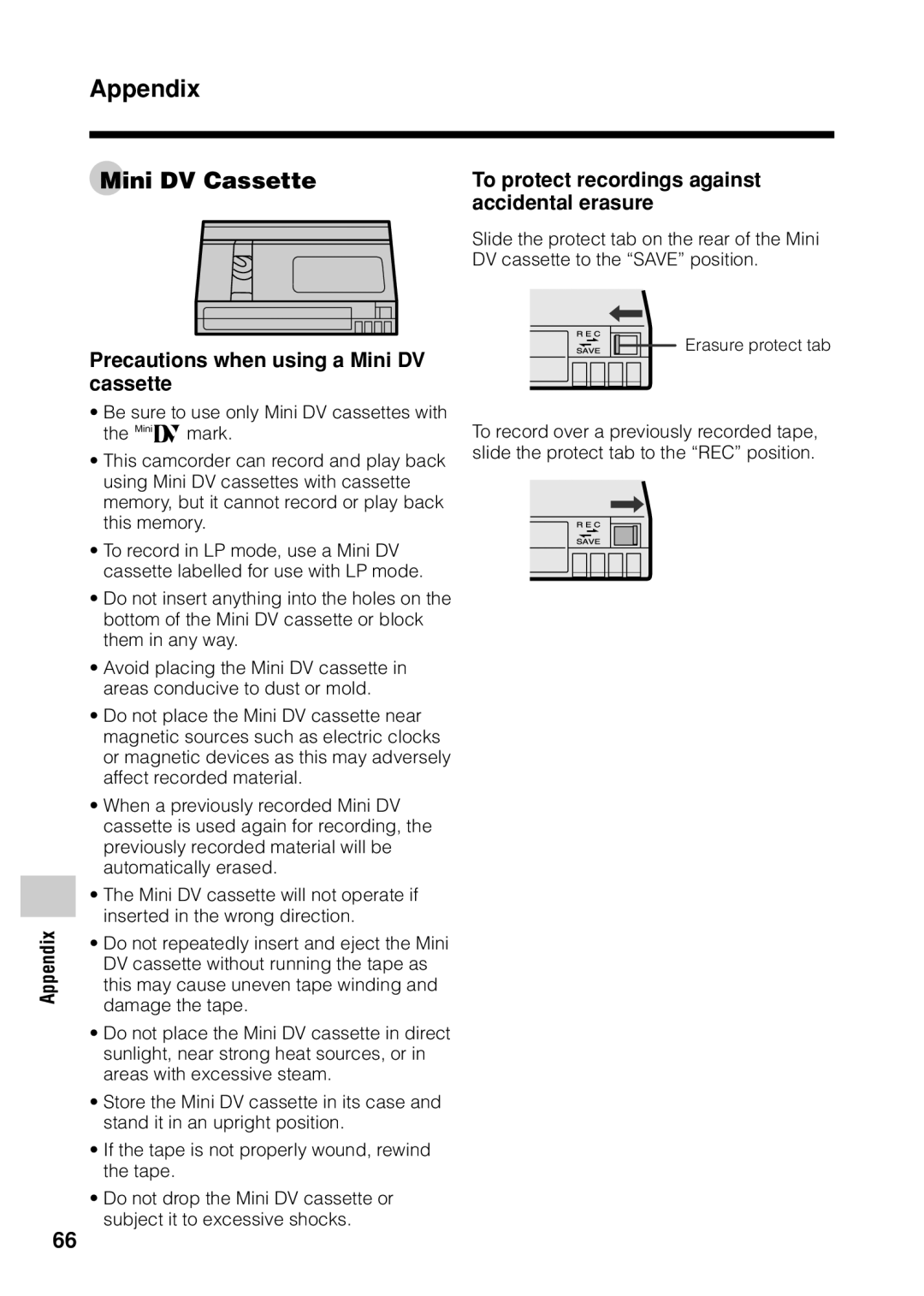 Sharp VL Z 1 H operation manual Mini DV Cassette, Precautions when using a Mini DV cassette 