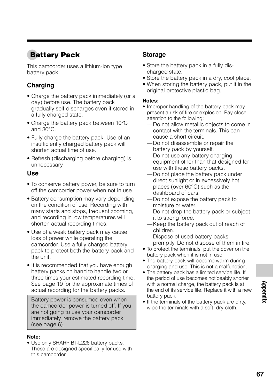 Sharp VL Z 1 H operation manual Battery Pack, Charging, Use, Storage, This camcorder uses a lithium-ion type battery pack 