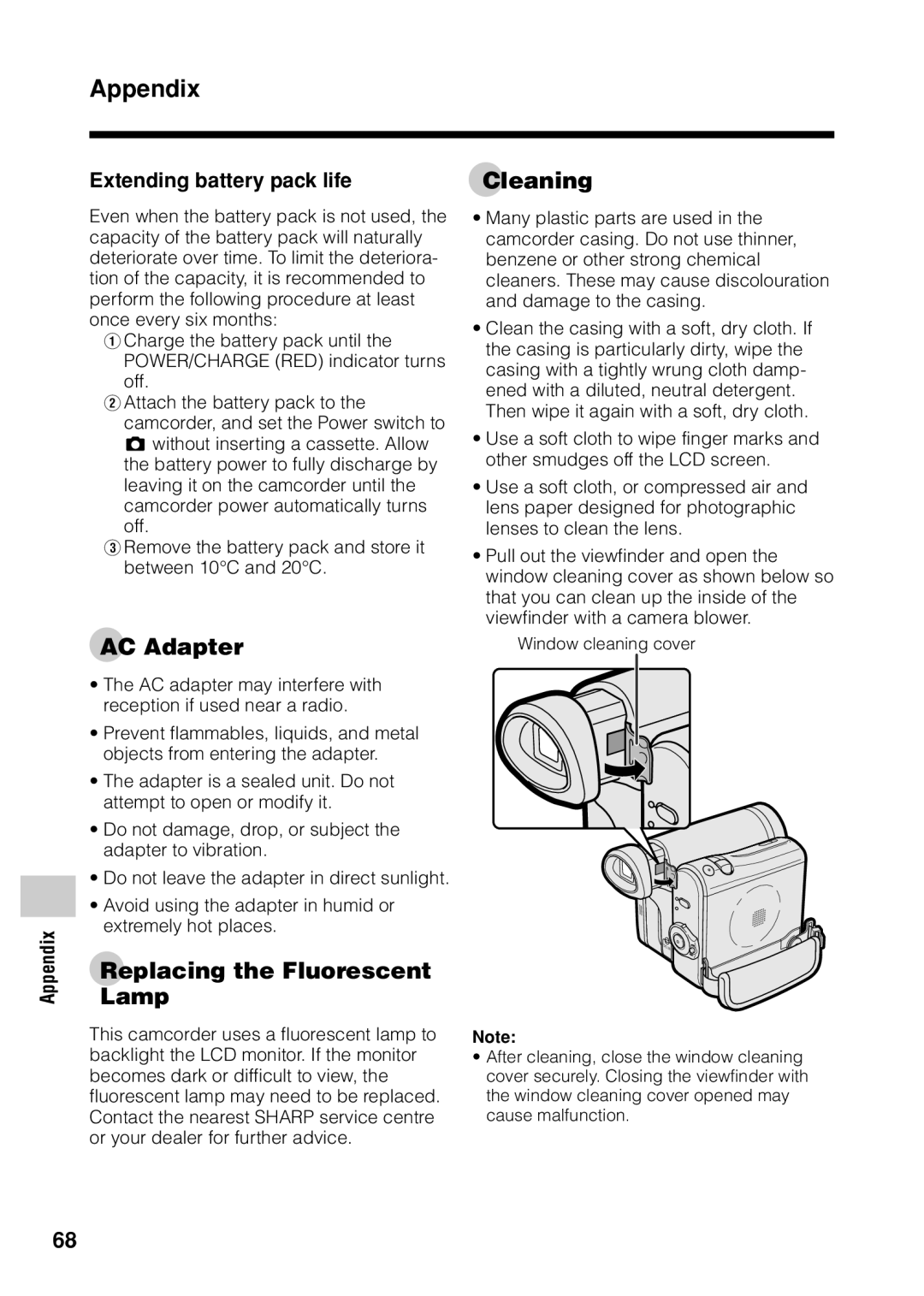 Sharp VL Z 1 H operation manual Cleaning, AC Adapter, Replacing the Fluorescent Lamp, Extending battery pack life 