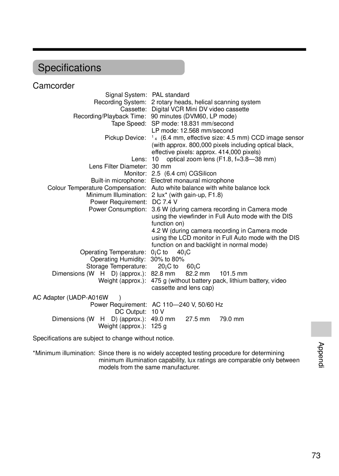 Sharp VL Z 1 H operation manual Specifications, Camcorder 