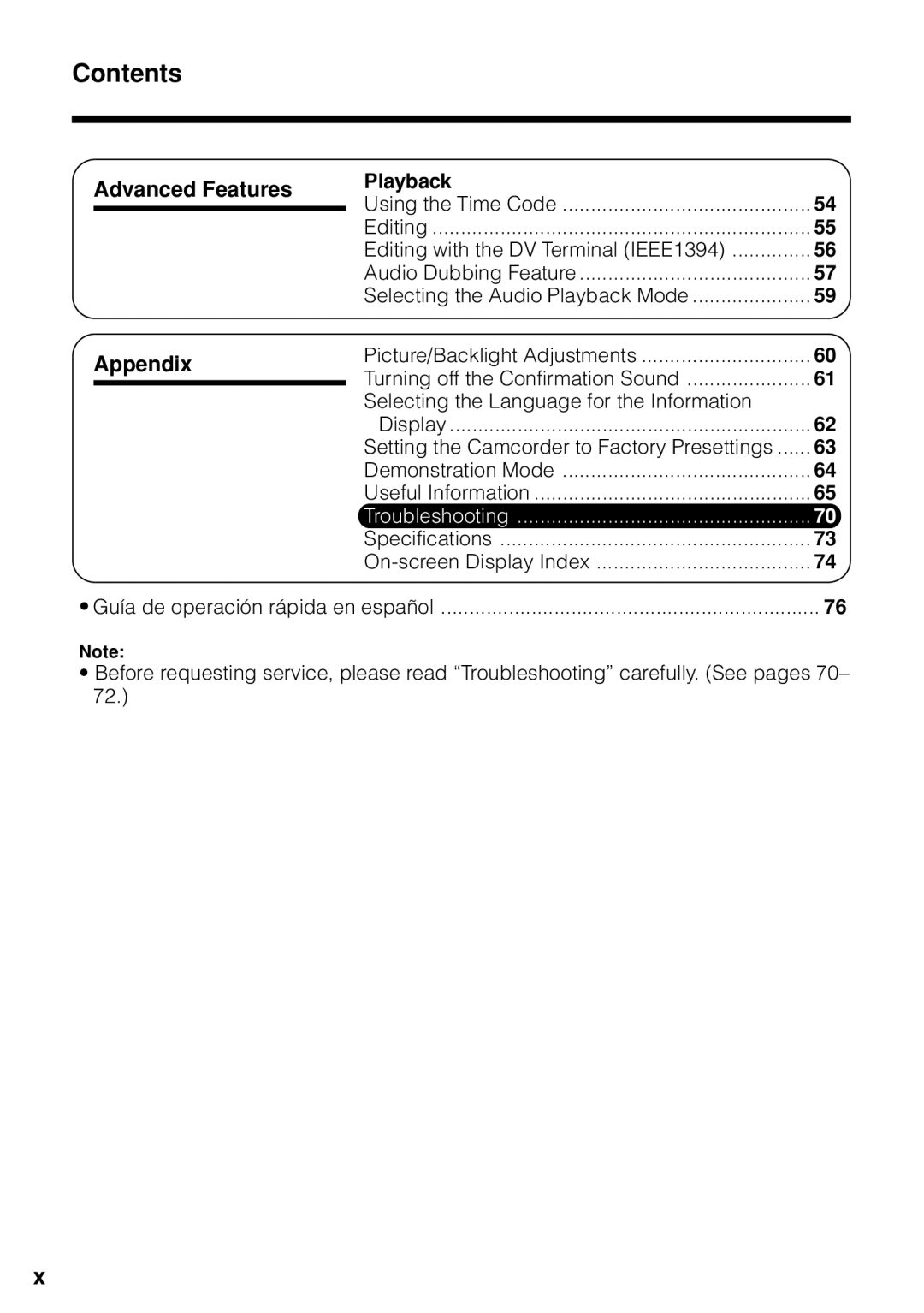 Sharp VL-Z1U warranty Contents 