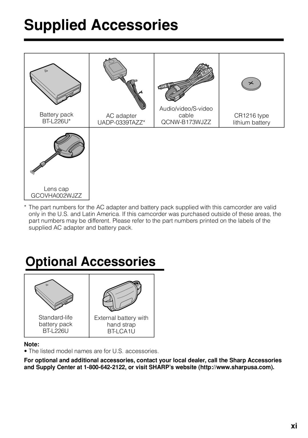 Sharp VL-Z1U warranty Supplied Accessories 