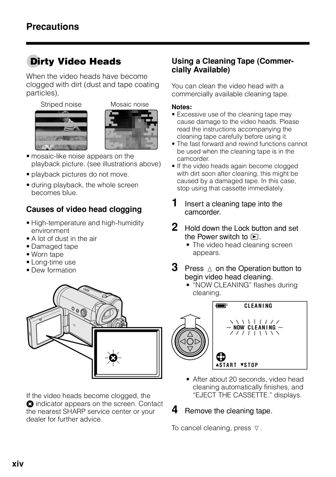 Sharp VL-Z1U Precautions Dirty Video Heads, Using a Cleaning Tape Commer- cially Available, Causes of video head clogging 