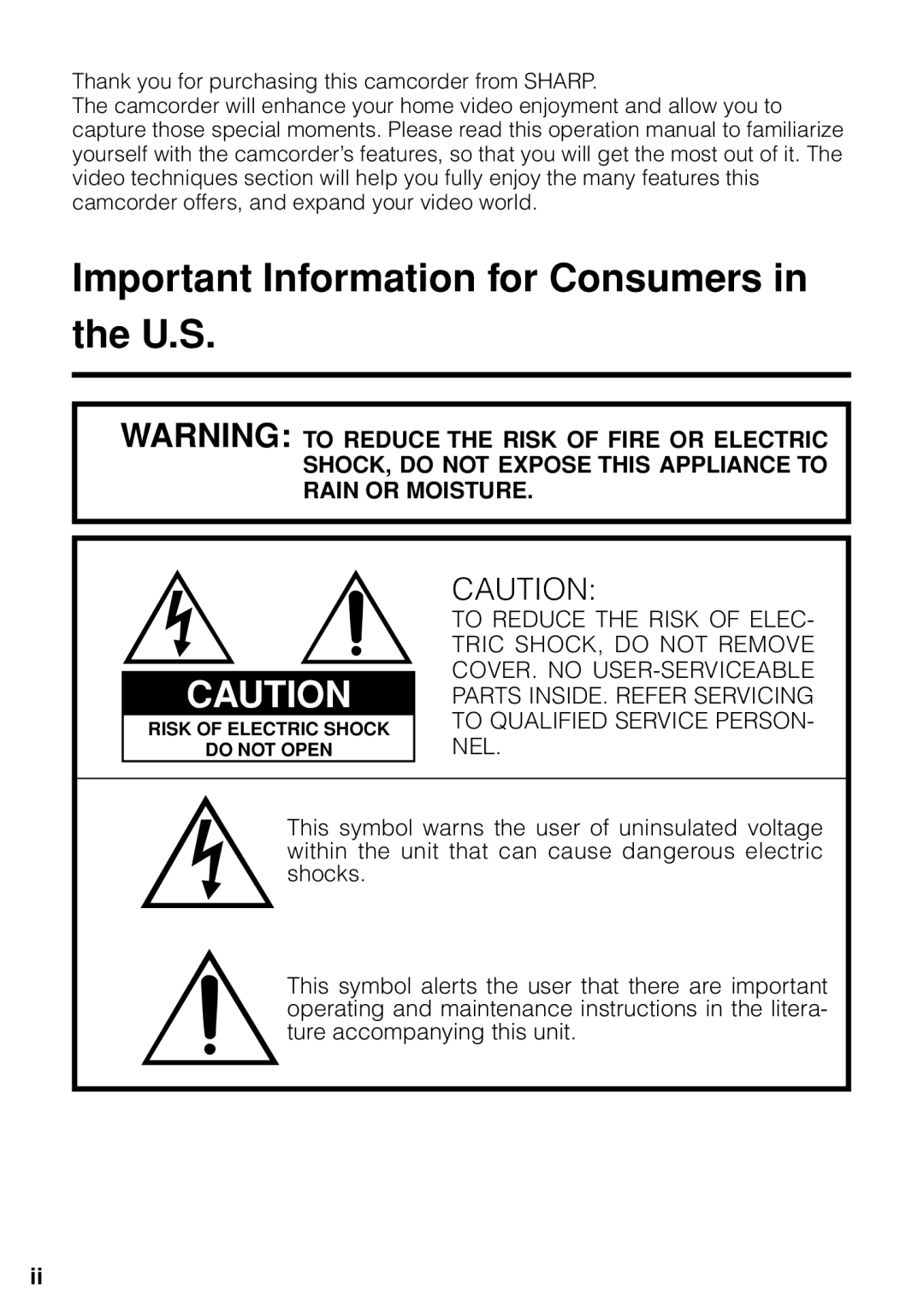 Sharp VL-Z1U warranty Important Information for Consumers U.S 