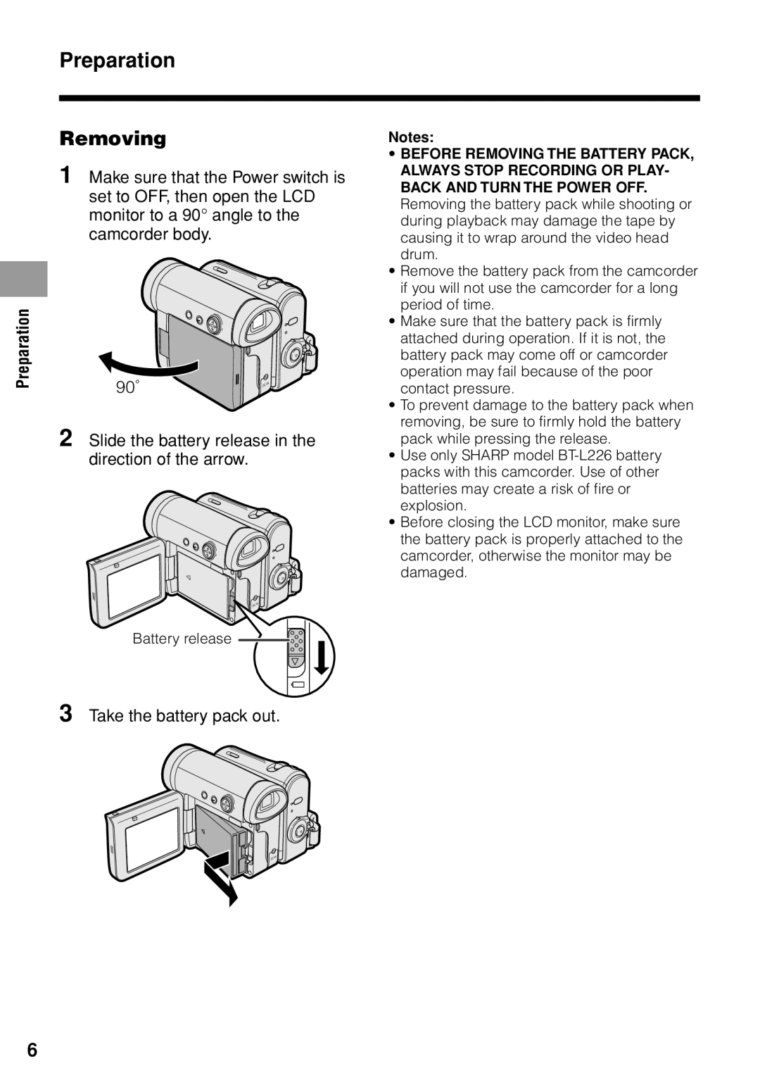 Sharp VL-Z1U warranty Preparation, Removing 