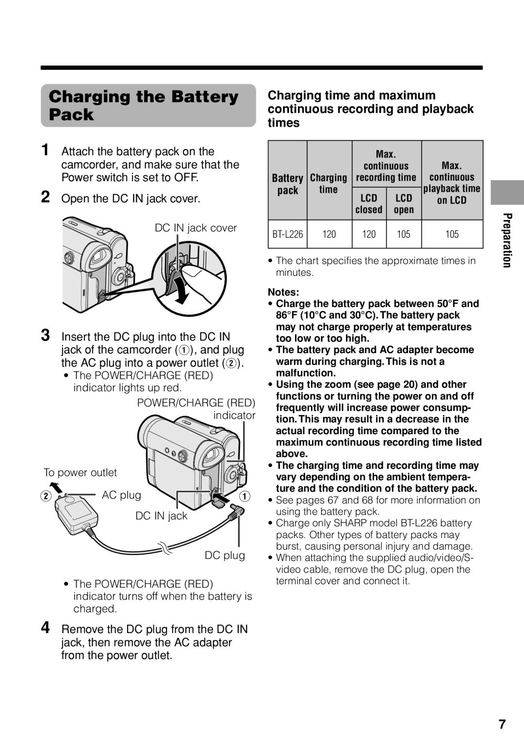 Sharp VL-Z1U warranty Charging the Battery Pack, DC in jack cover 