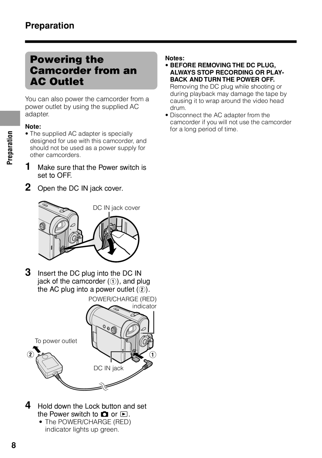 Sharp VL-Z1U warranty Powering the Camcorder from an AC Outlet 