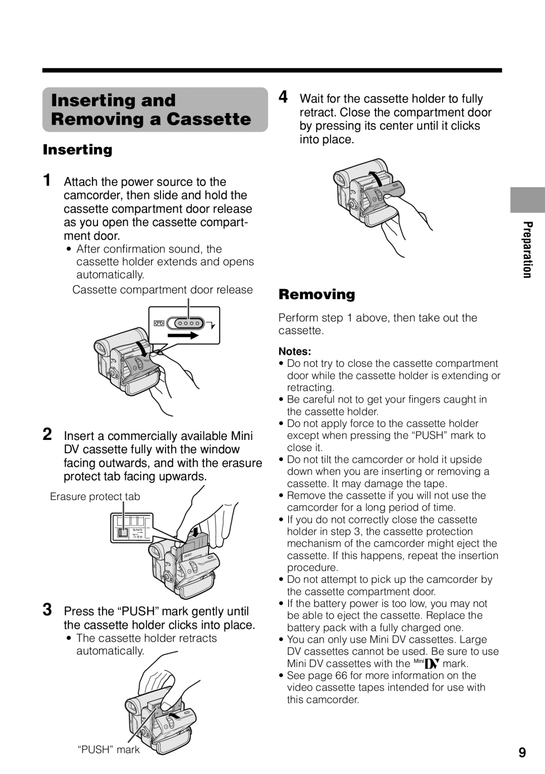 Sharp VL-Z1U warranty Inserting and Removing a Cassette, Perform above, then take out the cassette 