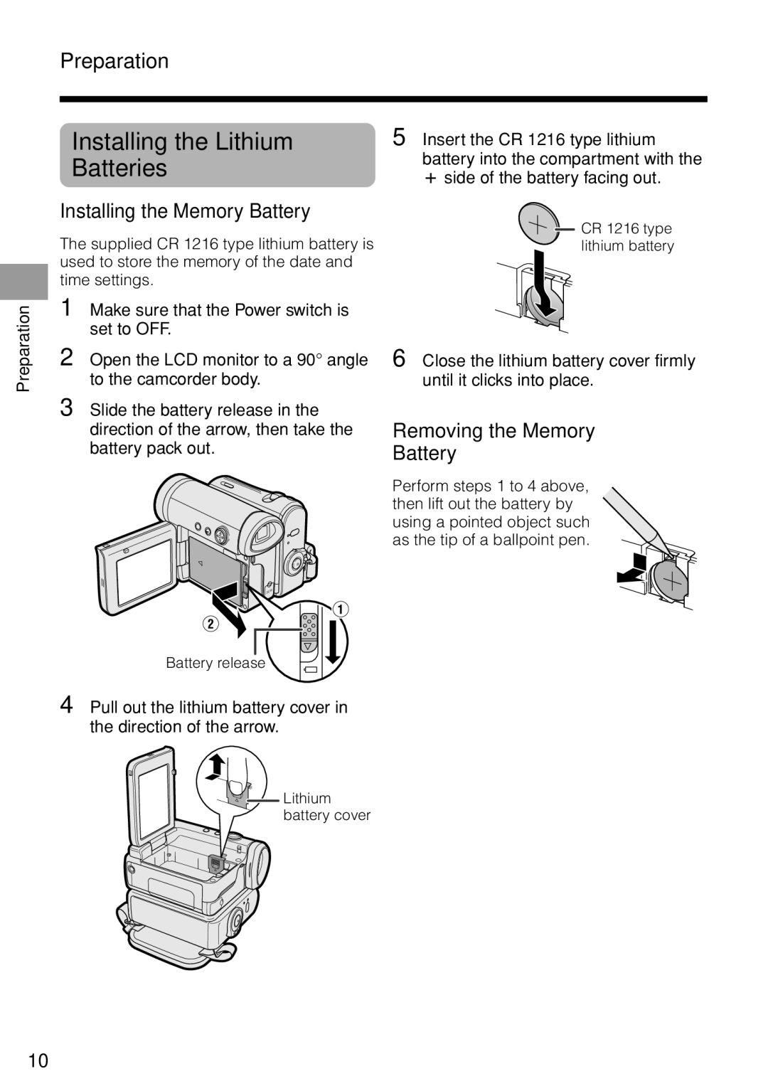 Sharp VL-Z1U warranty Installing the Lithium Batteries, Installing the Memory Battery, Removing the Memory Battery 