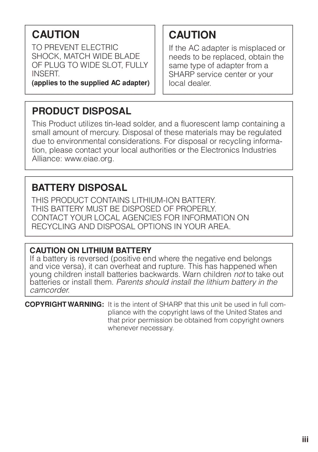 Sharp VL-Z1U warranty Product Disposal Battery Disposal, Applies to the supplied AC adapter 