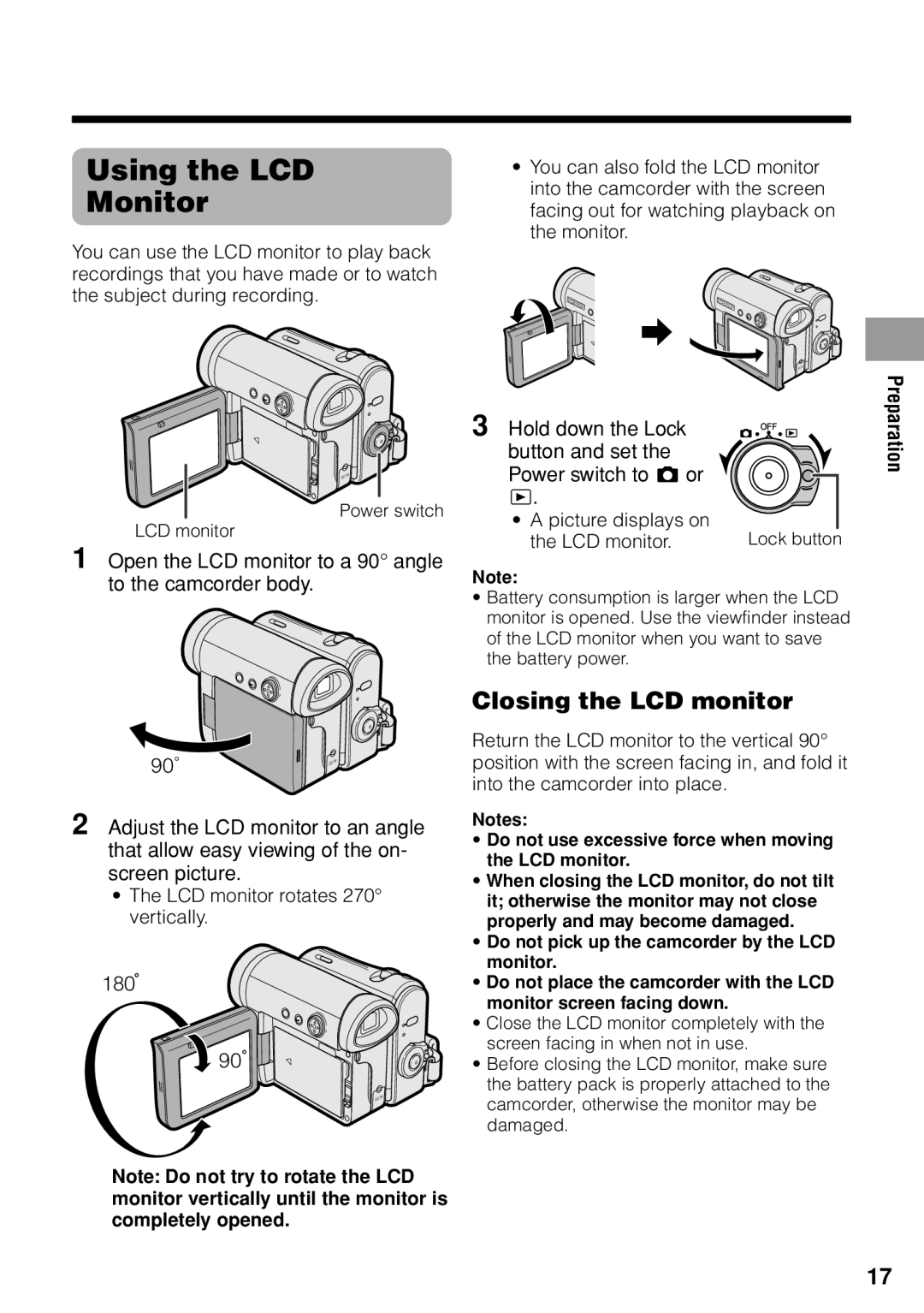 Sharp VL-Z1U warranty Using the LCD Monitor, Closing the LCD monitor, LCD monitor rotates 270 vertically 