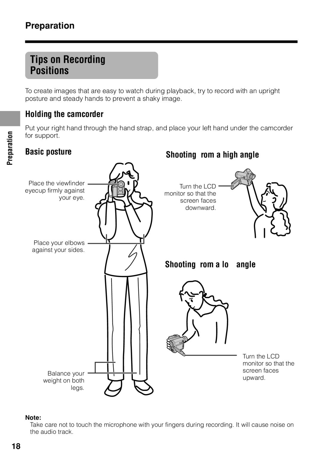 Sharp VL-Z1U warranty Tips on Recording Positions, Holding the camcorder, Basic posture, Shooting from a high angle 