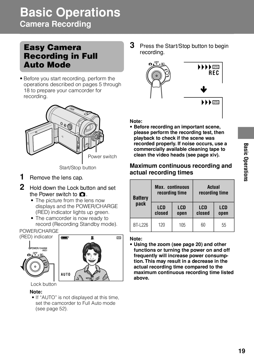 Sharp VL-Z1U warranty Easy Camera Recording in Full Auto Mode, Maximum continuous recording and actual recording times 