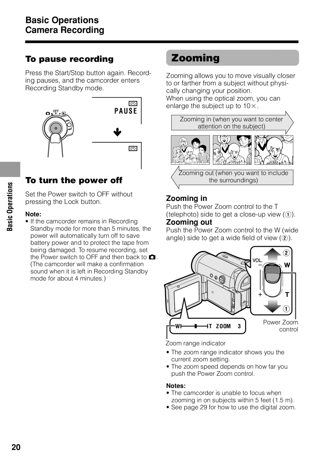 Sharp VL-Z1U warranty Basic Operations Camera Recording To pause recording, To turn the power off, Zooming out 