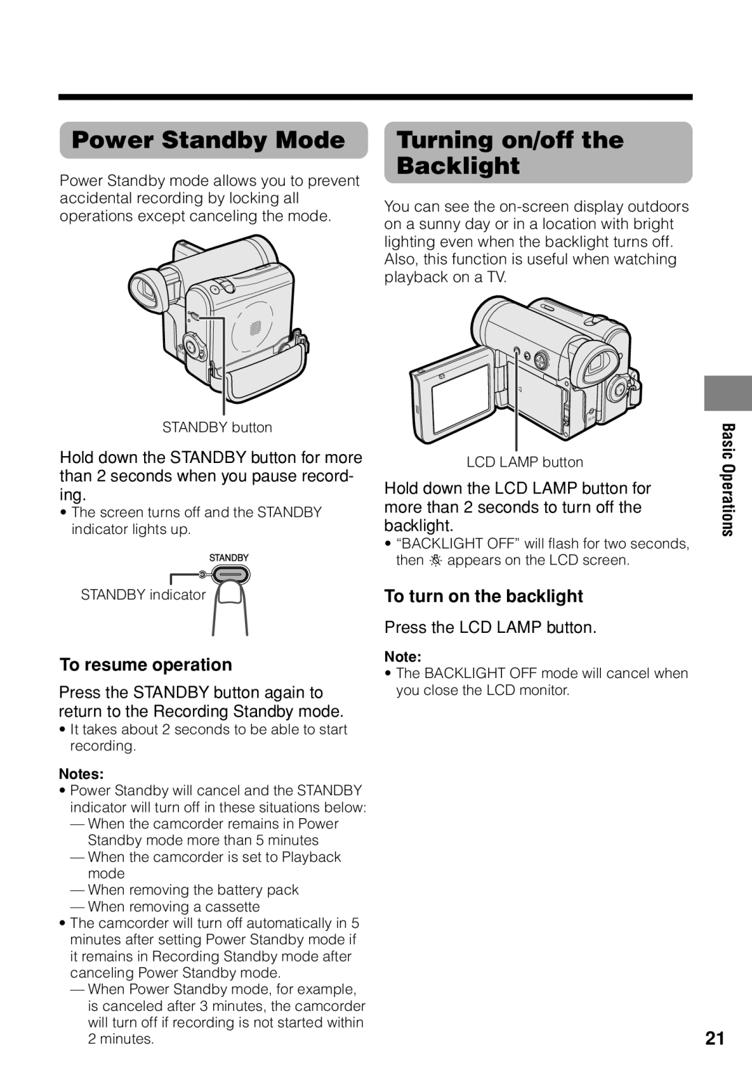 Sharp VL-Z1U warranty Power Standby Mode, Turning on/off Backlight, To resume operation, To turn on the backlight 