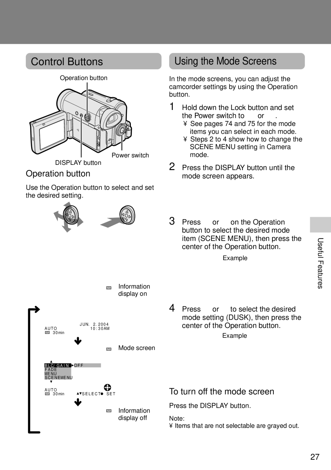 Sharp VL-Z1U Control Buttons, Using the Mode Screens, Operation button, Display button, To turn off the mode screen 