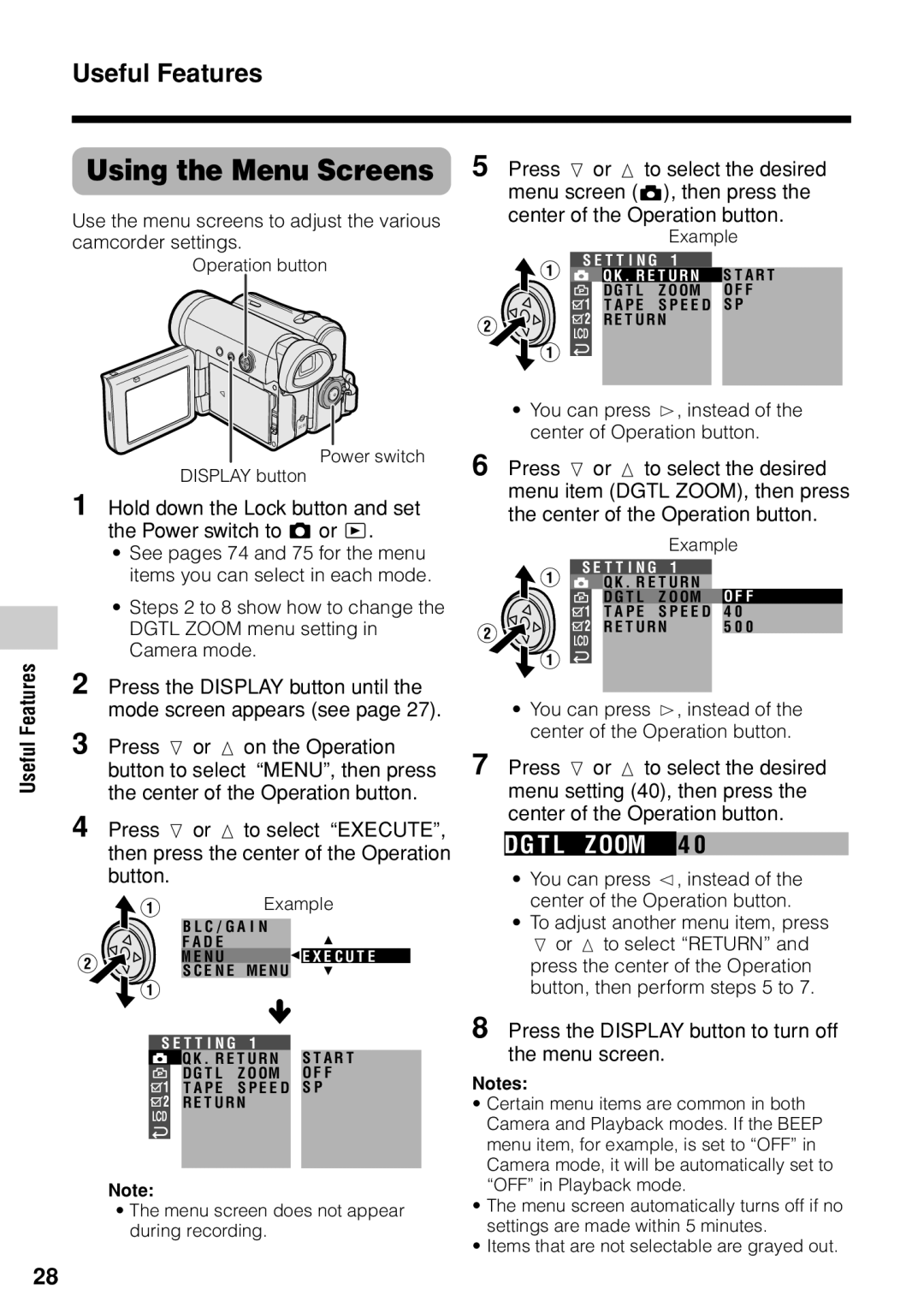 Sharp VL-Z1U warranty Using the Menu Screens, Useful Features, Camcorder settings 