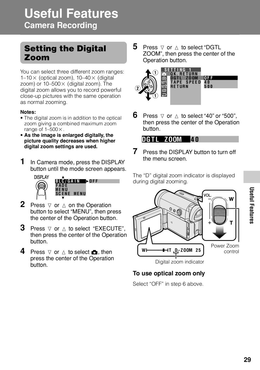 Sharp VL-Z1U warranty Setting the Digital Zoom, To use optical zoom only, Select OFF in above 