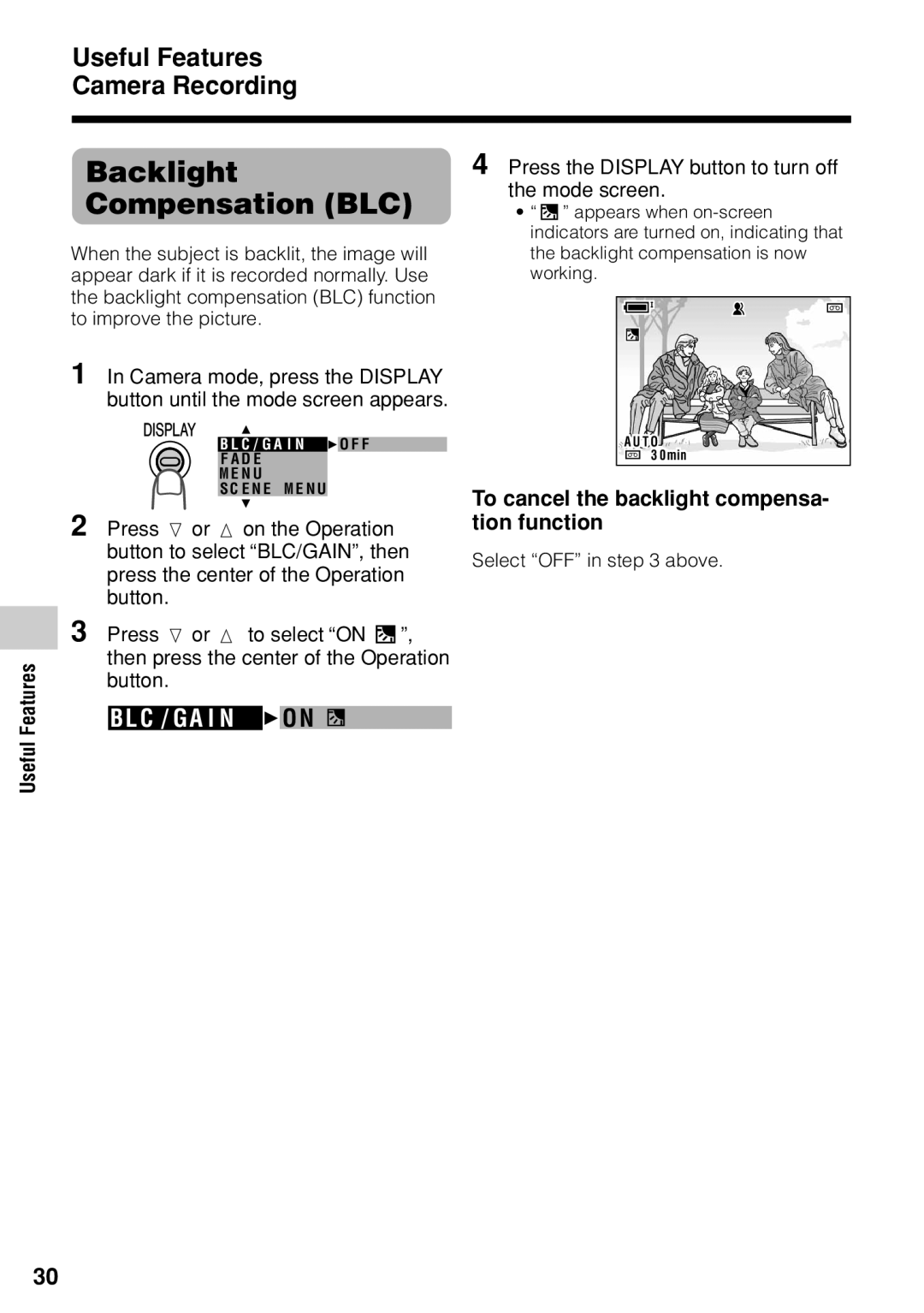 Sharp VL-Z1U Backlight Compensation BLC, Useful Features Camera Recording, To cancel the backlight compensa- tion function 