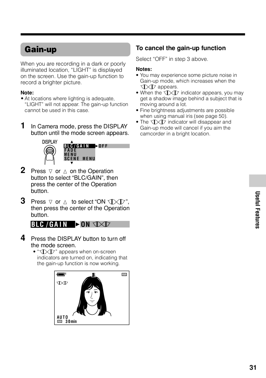 Sharp VL-Z1U warranty Gain-up, To cancel the gain-up function 