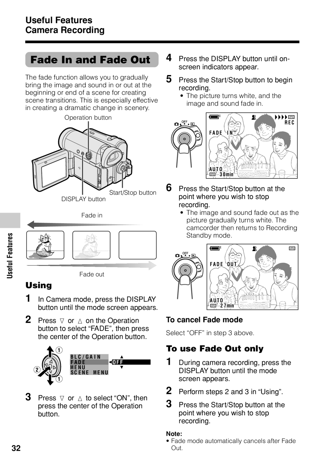 Sharp VL-Z1U warranty Using, To use Fade Out only, To cancel Fade mode, Picture turns white, and the image and sound fade 