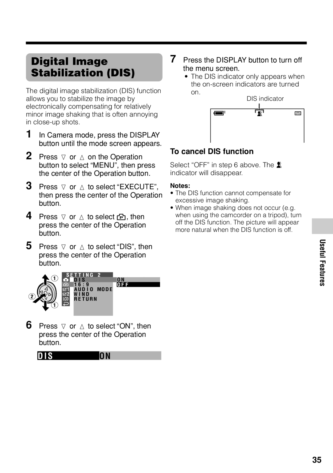 Sharp VL-Z1U Digital Image Stabilization DIS, To cancel DIS function, Select OFF in above. The z indicator will disappear 