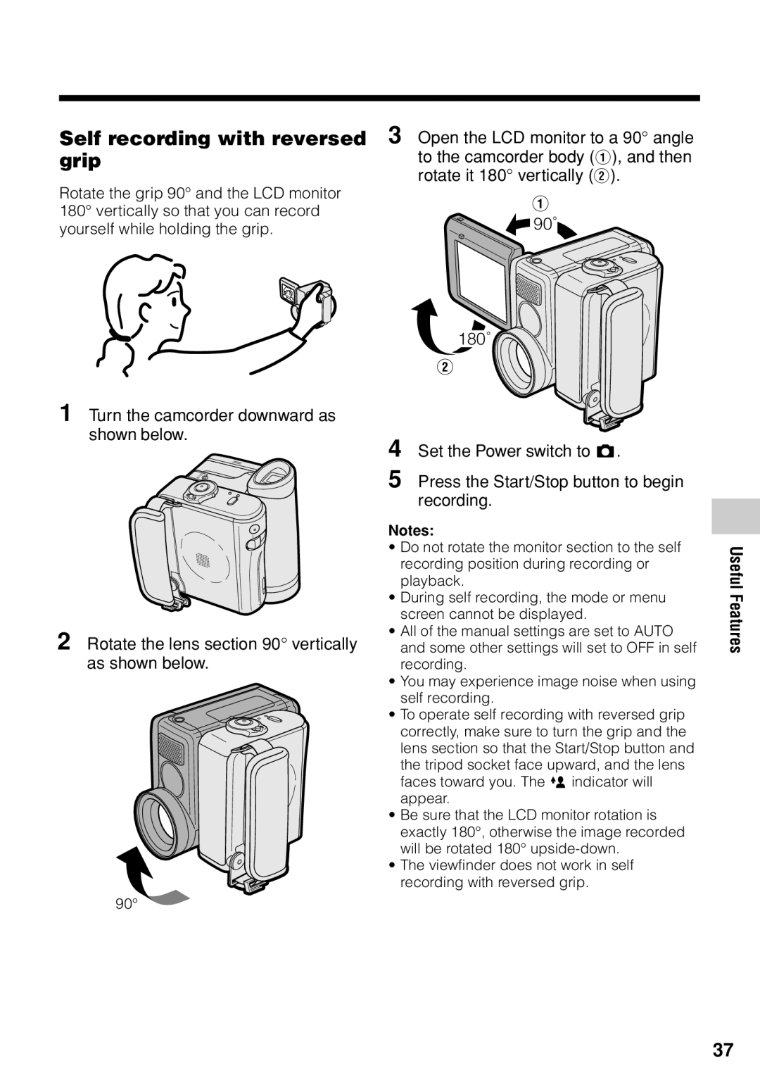 Sharp VL-Z1U warranty Self recording with reversed, Grip, Rotate the grip 90 and the LCD monitor 