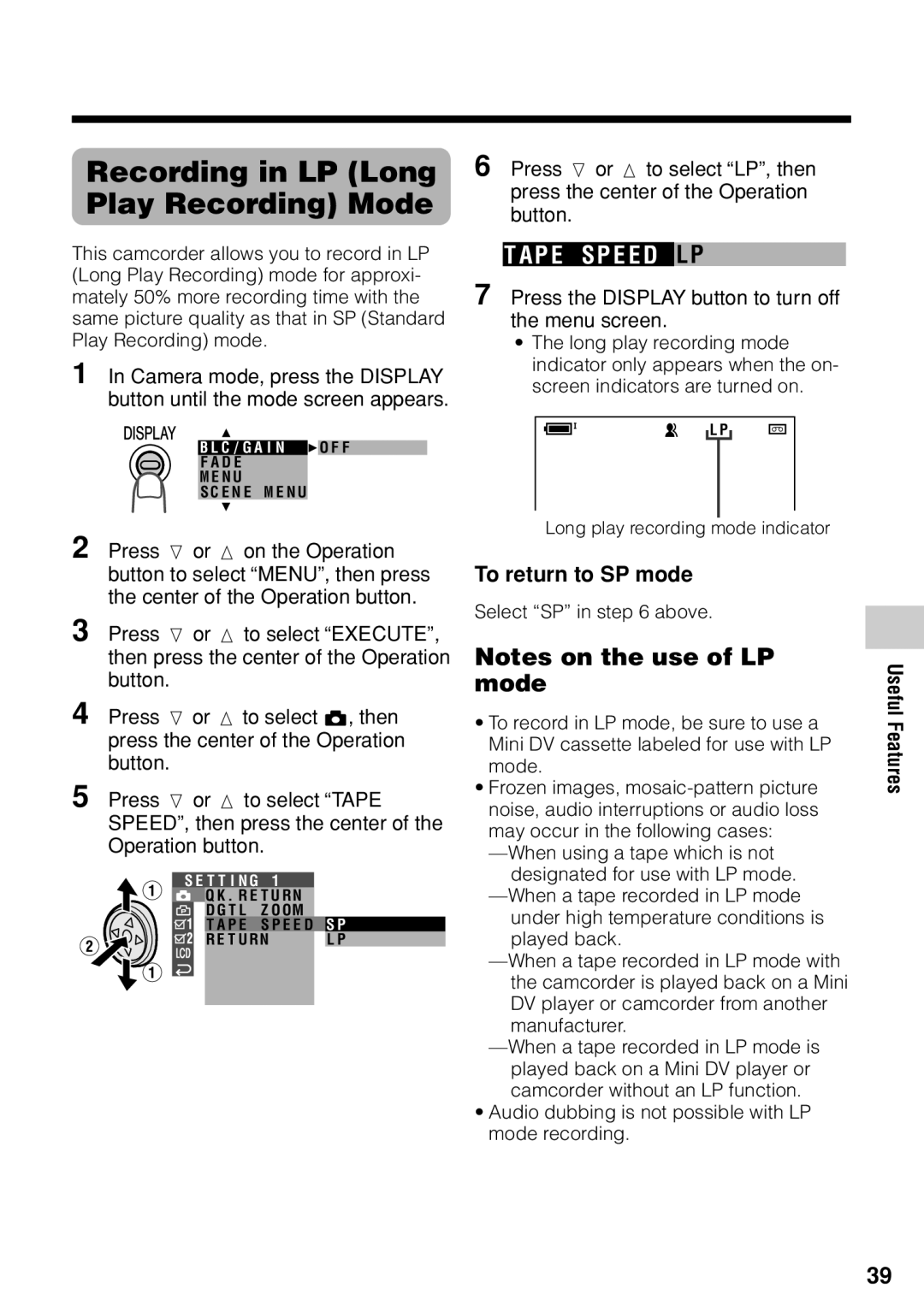 Sharp VL-Z1U warranty Recording in LP Long Play Recording Mode, To return to SP mode 