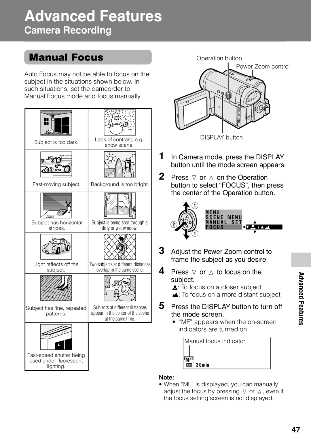 Sharp VL-Z1U warranty Manual Focus, MF appears when the on-screen indicators are turned on 