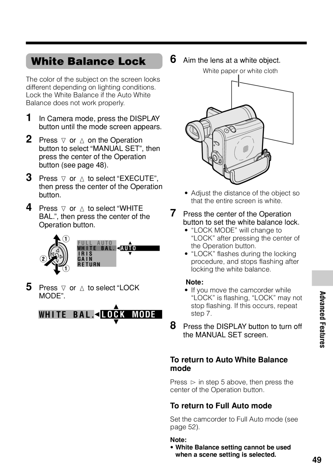 Sharp VL-Z1U warranty White Balance Lock, To return to Auto White Balance mode, To return to Full Auto mode 