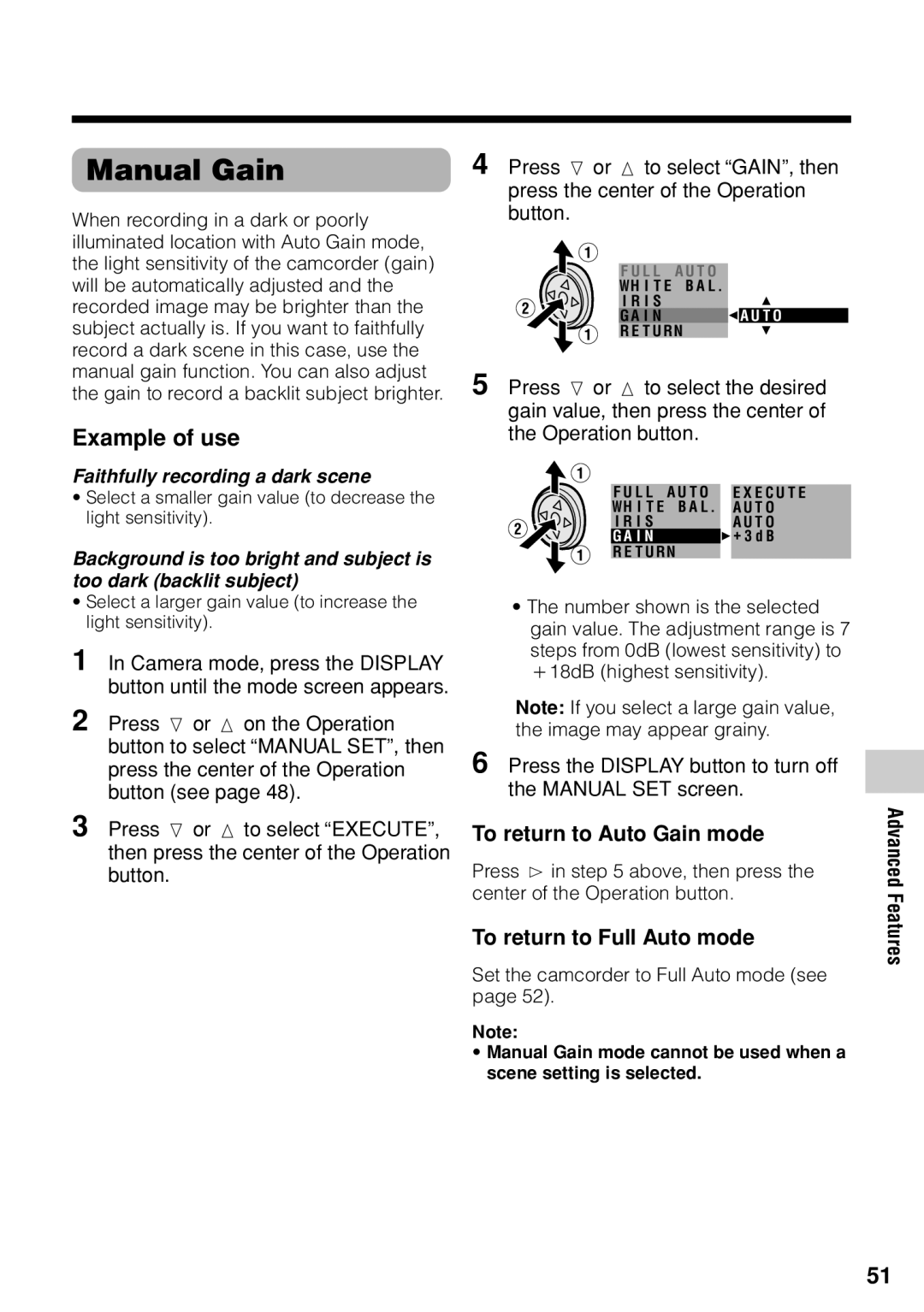 Sharp VL-Z1U warranty Manual Gain, To return to Auto Gain mode 