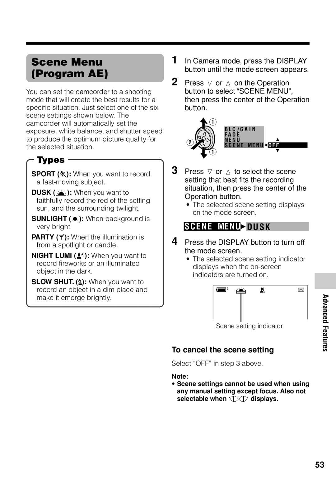 Sharp VL-Z1U Scene Menu Program AE, To cancel the scene setting, Sport a When you want to record a fast-moving subject 