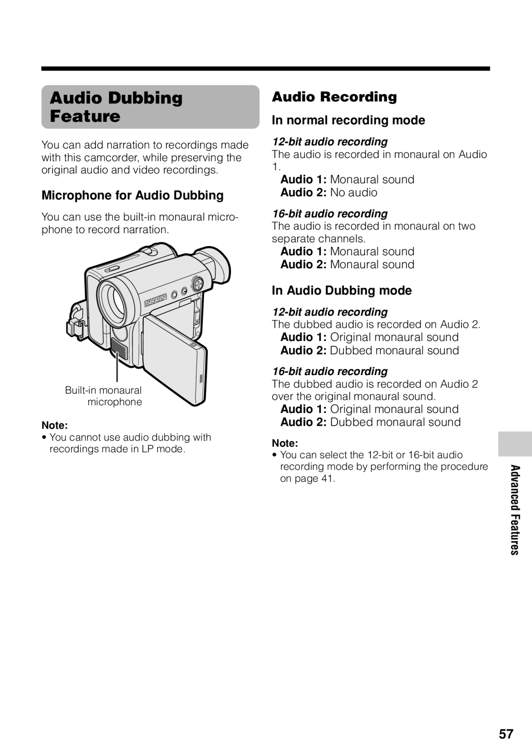 Sharp VL-Z1U warranty Audio Dubbing Feature, Audio Recording 