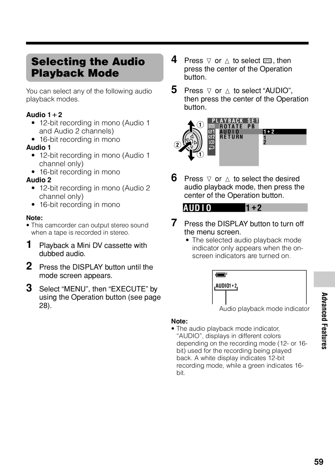 Sharp VL-Z1U warranty Selecting the Audio Playback Mode, You can select any of the following audio playback modes 