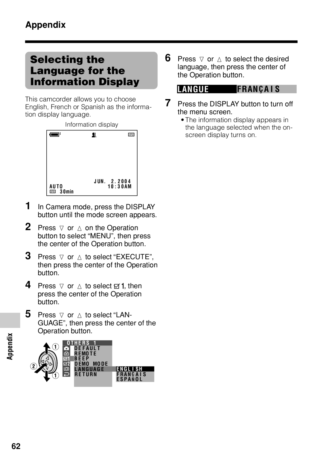 Sharp VL-Z1U warranty Selecting the Language for the Information Display, Appendix 