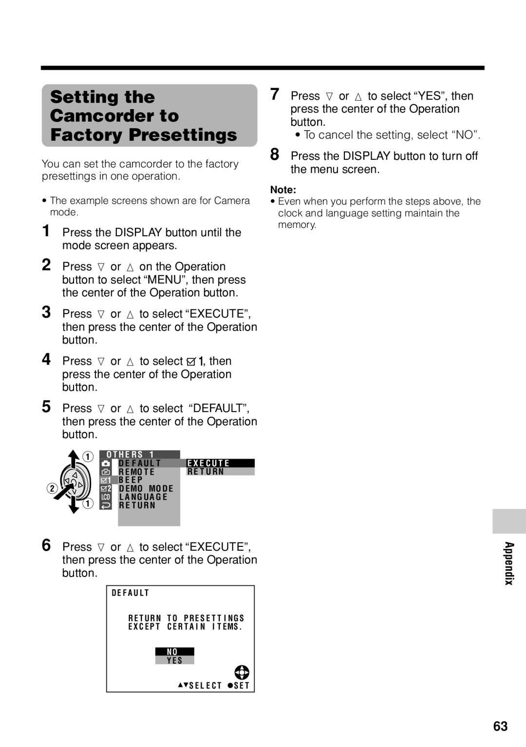 Sharp VL-Z1U warranty Setting the Camcorder to Factory Presettings 