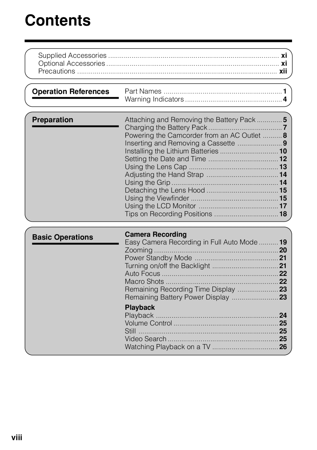 Sharp VL-Z1U warranty Contents 