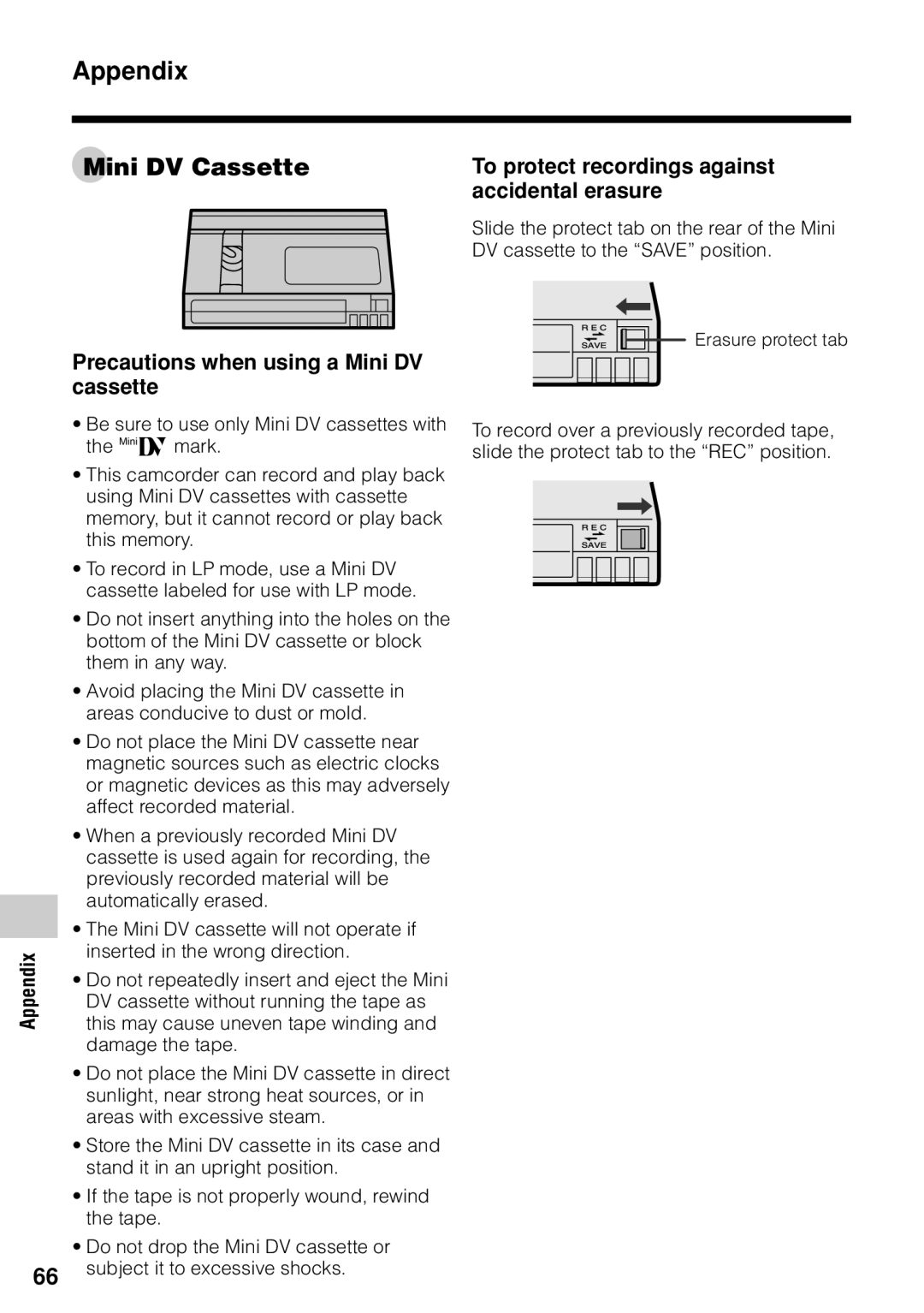 Sharp VL-Z1U warranty Appendix Mini DV Cassette, Accidental erasure, Precautions when using a Mini DV cassette Appendix 