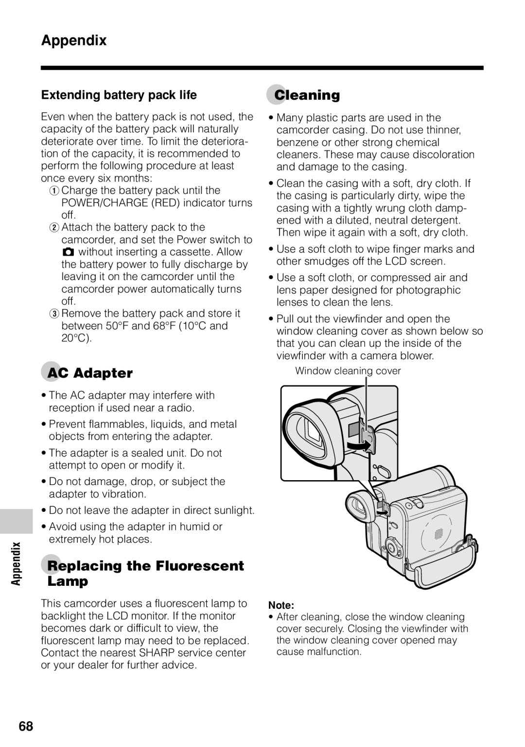 Sharp VL-Z1U warranty Cleaning, AC Adapter, Replacing the Fluorescent Lamp, Extending battery pack life 