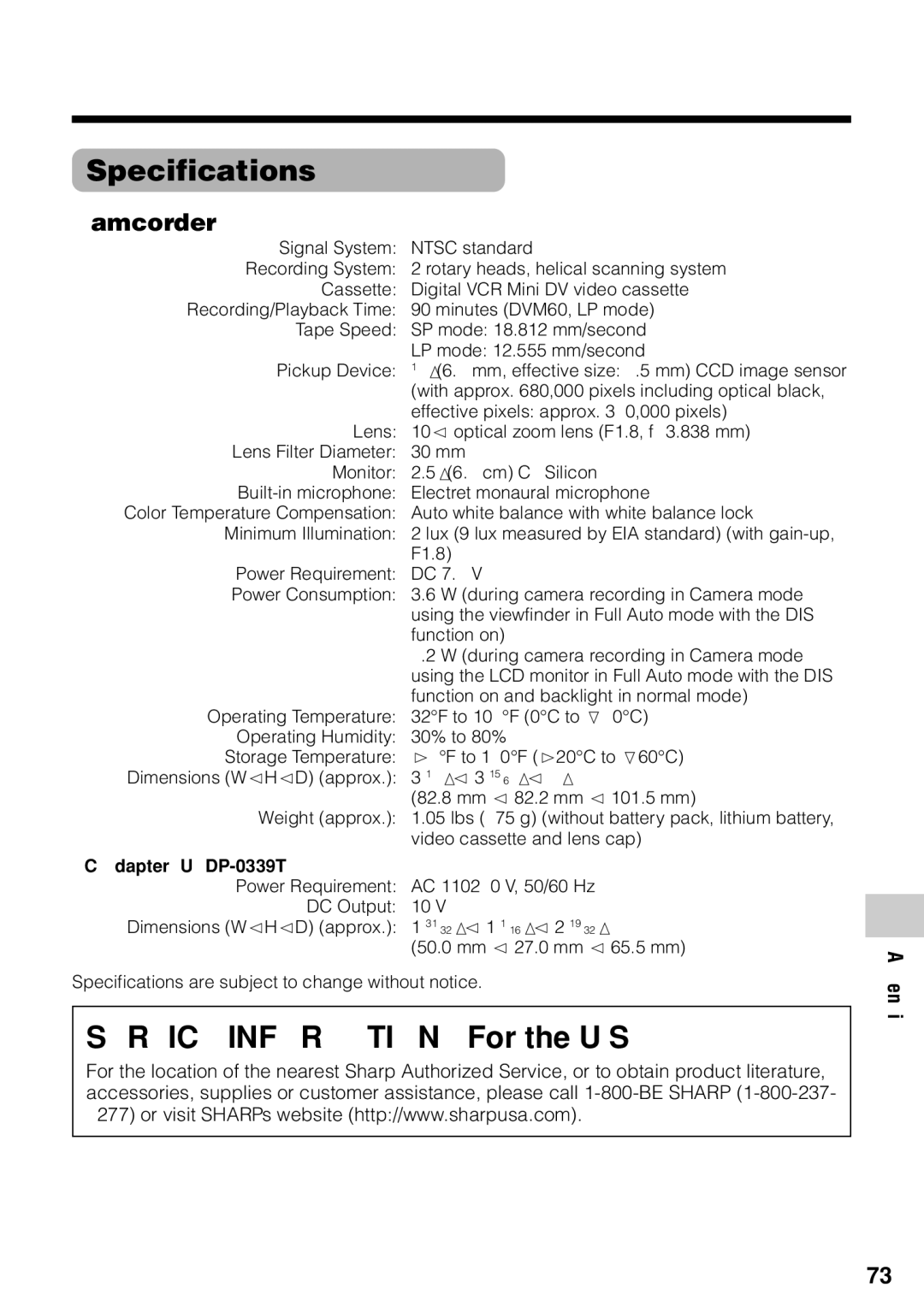 Sharp VL-Z1U warranty Specifications, Camcorder 