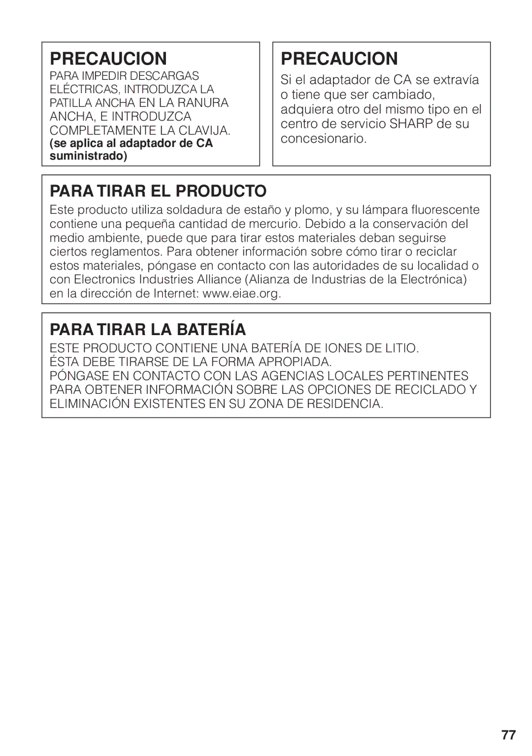 Sharp VL-Z1U warranty Precaucion, Se aplica al adaptador de CA suministrado 