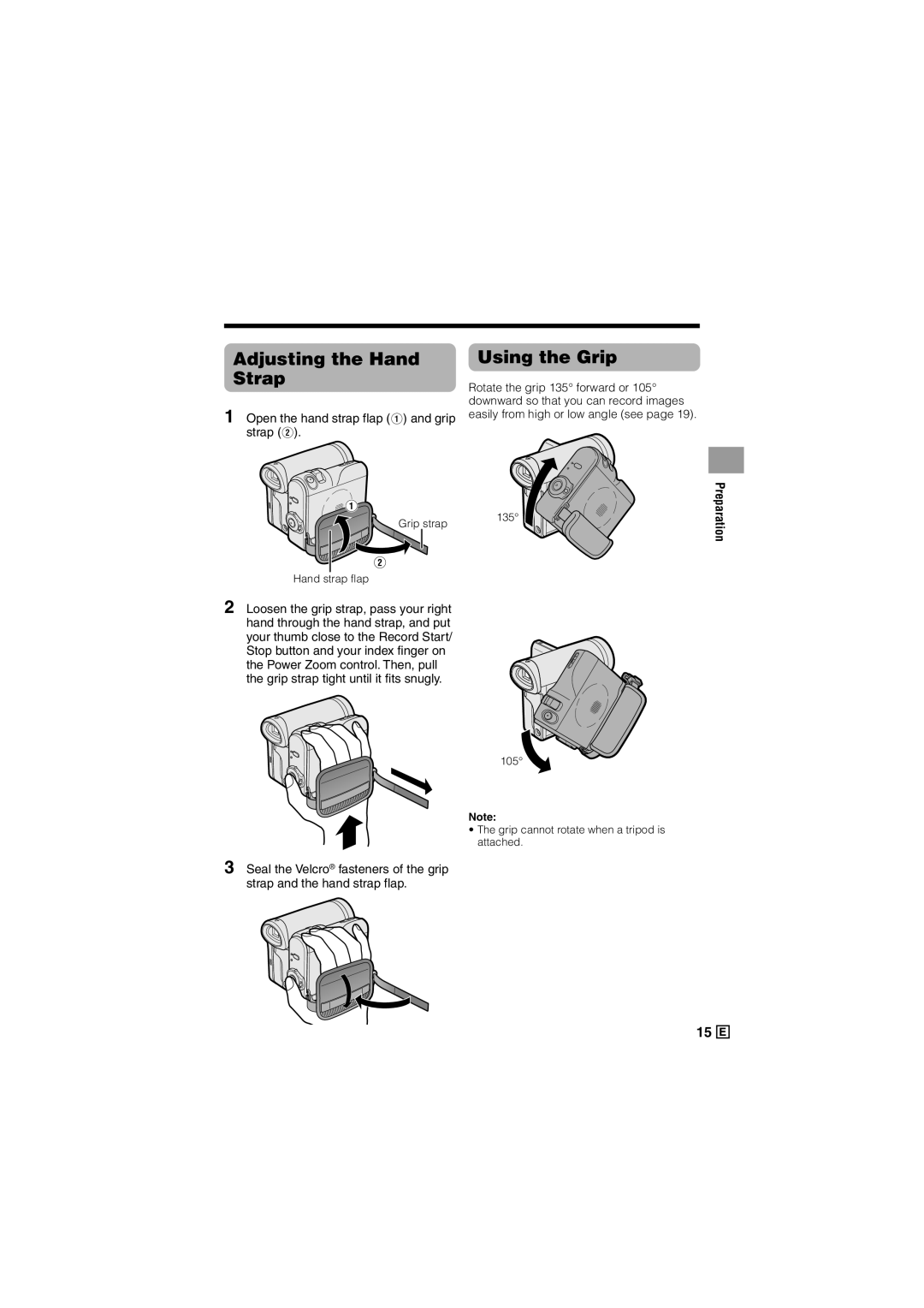 Sharp VL-Z300E operation manual Adjusting the Hand Strap, Using the Grip, Open the hand strap flap 1 and grip strap 