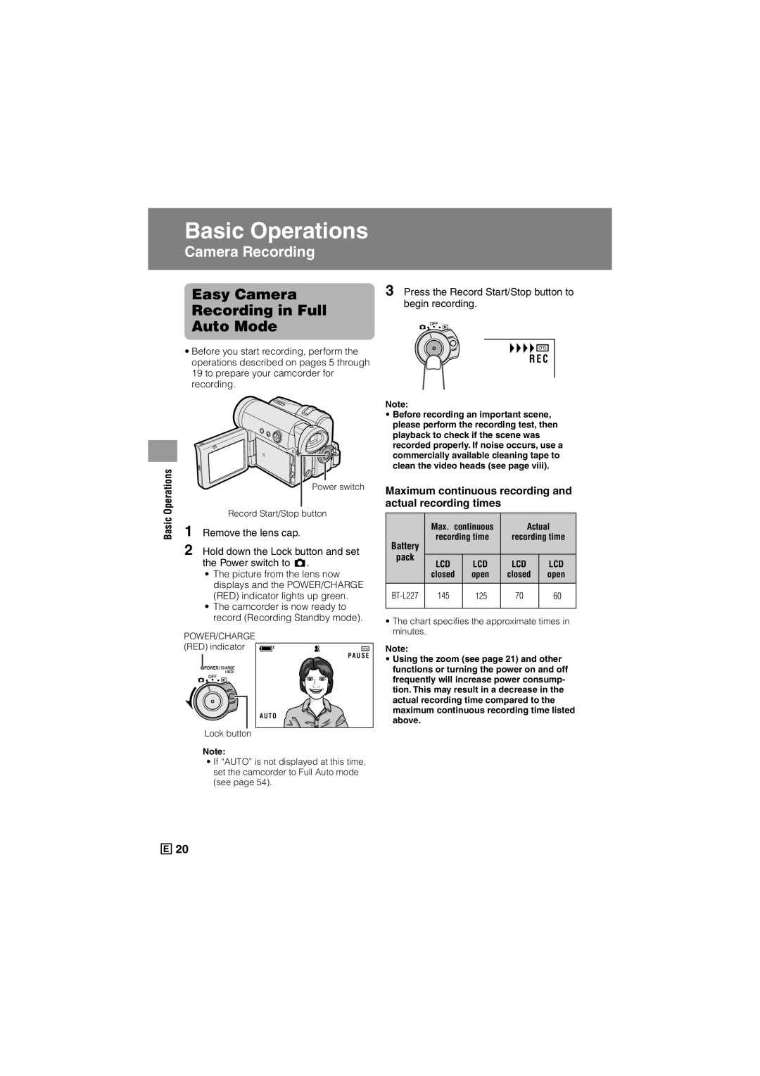 Sharp VL-Z300E operation manual Easy Camera Recording in Full Auto Mode, Operations, Basic 