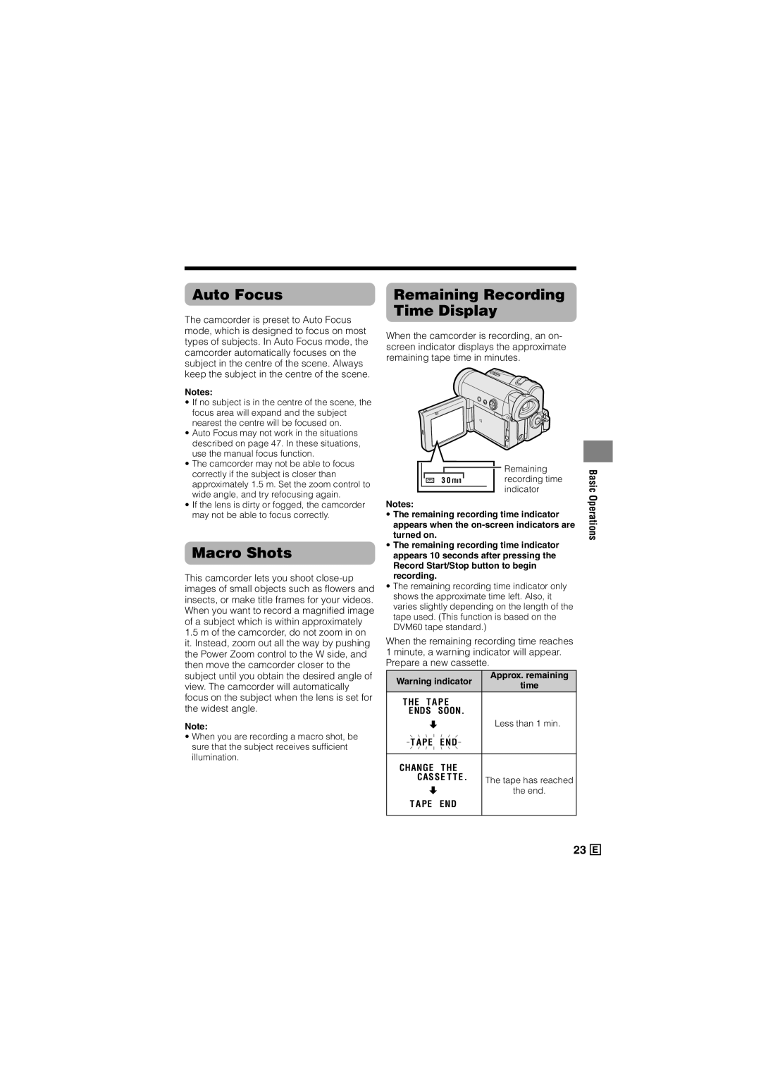 Sharp VL-Z300E operation manual Auto Focus, Macro Shots, Remaining Recording Time Display 