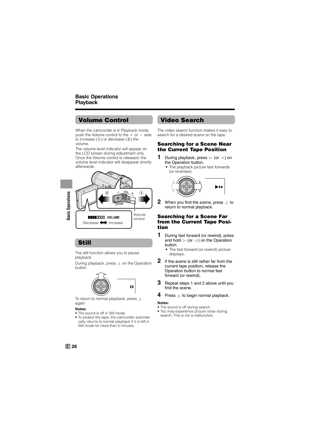 Sharp VL-Z300E operation manual Volume Control Video Search, Still, Basic Operations Playback 